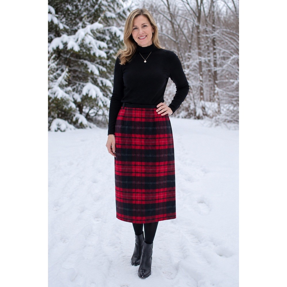 Vintage Talbots Petites Size 6 Red Black Plaid Midi Skirt Made USA Holiday